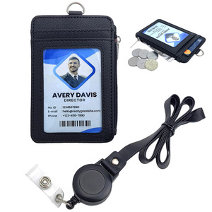Office Products Employee Vertical PU Leather Business Id Credit <strong>Card</strong> <strong>Holder</strong> <strong>Wallet</strong> With Retractable Pull Badge Reel Lanyard - Product Image 1