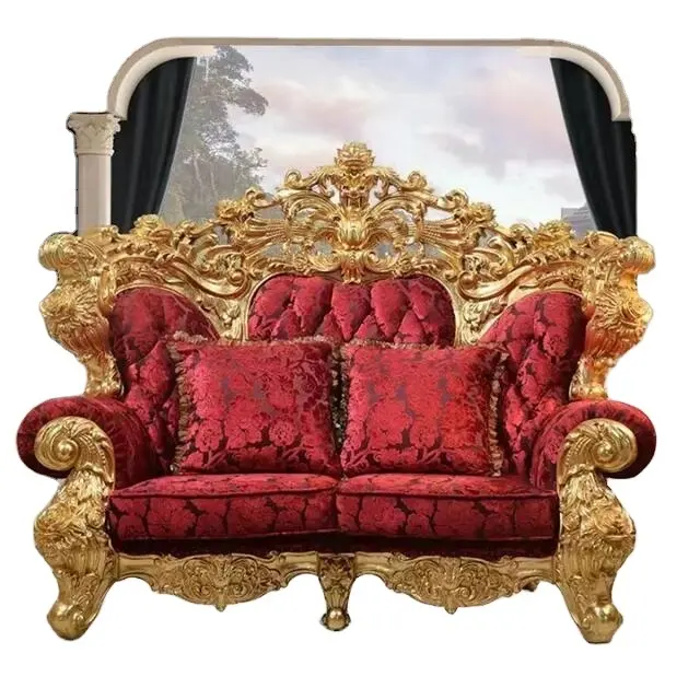 Guangdong New Arrival Home Decor Italian Design Red Velvet Sofas Luxury Upholstered Classical Gold WoodLiving Room Furniture Set
