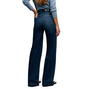 <b>Women</b> High Waisted Wide Leg <b>Dark</b> <b>Blue</b> Denim <b>Jeans</b> Regular Length All Seasons Pants With Pockets Woven Cotton - Product Image 1