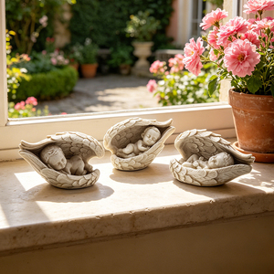 Set di 3 Statue di <span class=keywords><strong>Angeli</strong></span> Dormienti <span class=keywords><strong>con</strong></span> Ali in Resina, Finitura Anticata, Figurine di Cherubini per Decorazioni Esterne - Product Image 1