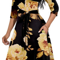 Robe midi grande taille à manches 3/4, ceinturée, coupe trapèze, imprimée, avec poches latérales, pour l'été