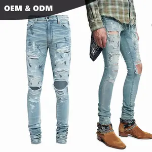 OEM Высокое качество пользовательские производители оптом без бренда потертые мужские Узкие рваные поврежденные джинсы для мужчин 0018