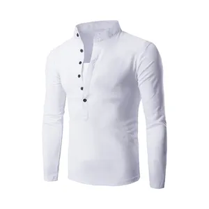 High Quality 100% Cotton Men's Long-Sleeved Polo Shirts Buttons Placket Blank Plain White Mandarin Collar Men Polo Shirt