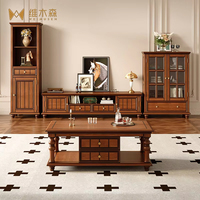 Meuble TV et table basse combinés en bois massif de style américain vintage avec rangement pour petit salon d'appartement