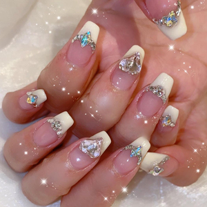 Gentle Nude Quality Pink Love Diamond White French <strong>Detachable</strong> Wedding Nail <strong>Patch</strong> Wholesale With Rhinestones - Product Image 1