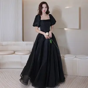 Elegant Black Prom Dresses A-Line Princess Square Neckline Puffy Short Sleeve Backless Floor-Length Long Prom Formal Dresses