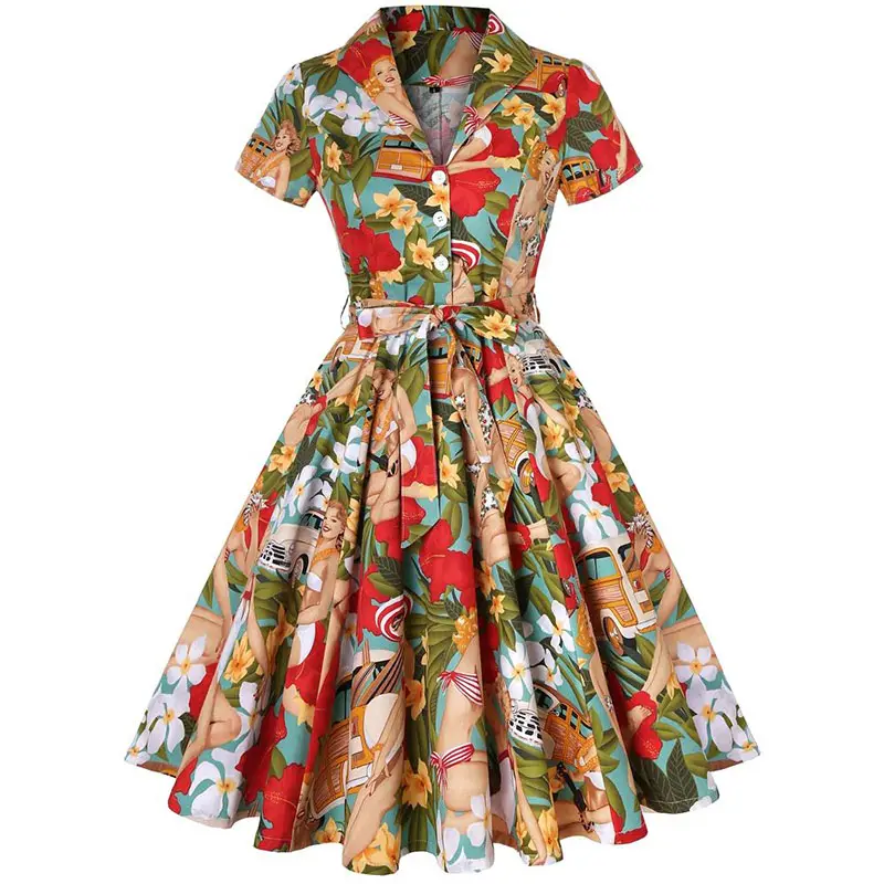 Individuelles Vintage Damen-V-Ausschnitt bedruckter Sommer Vintage Kurzarm Revers Bowknot-Kleid mit Gürtel für Damen