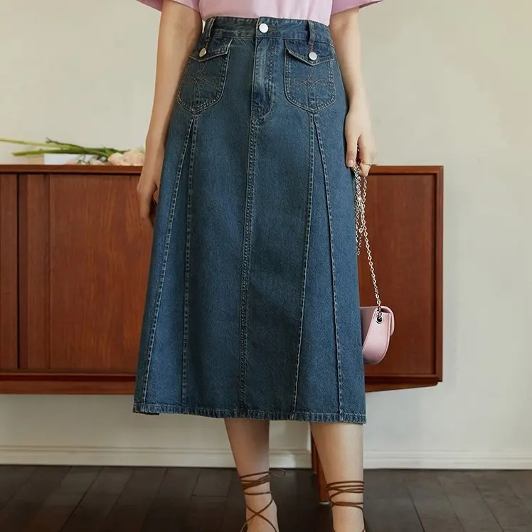 Factory Wholesale Maxi Style Blue Ladies Long Skirt Women Korean Denim High Waist Stretch A Line Long Jeans Skirt