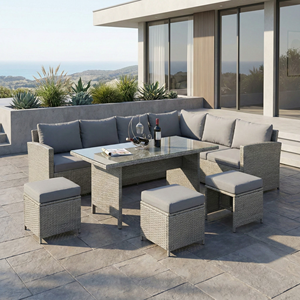 Set Divano da Esterno con Struttura in Acciaio <span class=keywords><strong>e</strong></span> Rattan PE, Mobili da Giardino con Tavolino <span class=keywords><strong>e</strong></span> Sgabelli - Product Image 2