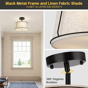 Lámpara de techo de estilo japonés retro, pantalla de tambor, marco de metal negro para sala de estar, cocina, dormitorio, loft, iluminación interior - Product Image 4