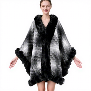 Écharpe cape en <span class=keywords><strong>fausse</strong></span> <span class=keywords><strong>fourrure</strong></span> pour femme, motif écossais, col d'épaule en <span class=keywords><strong>fourrure</strong></span> de lapin Rex, idéale pour l'hiver - Product Image 2