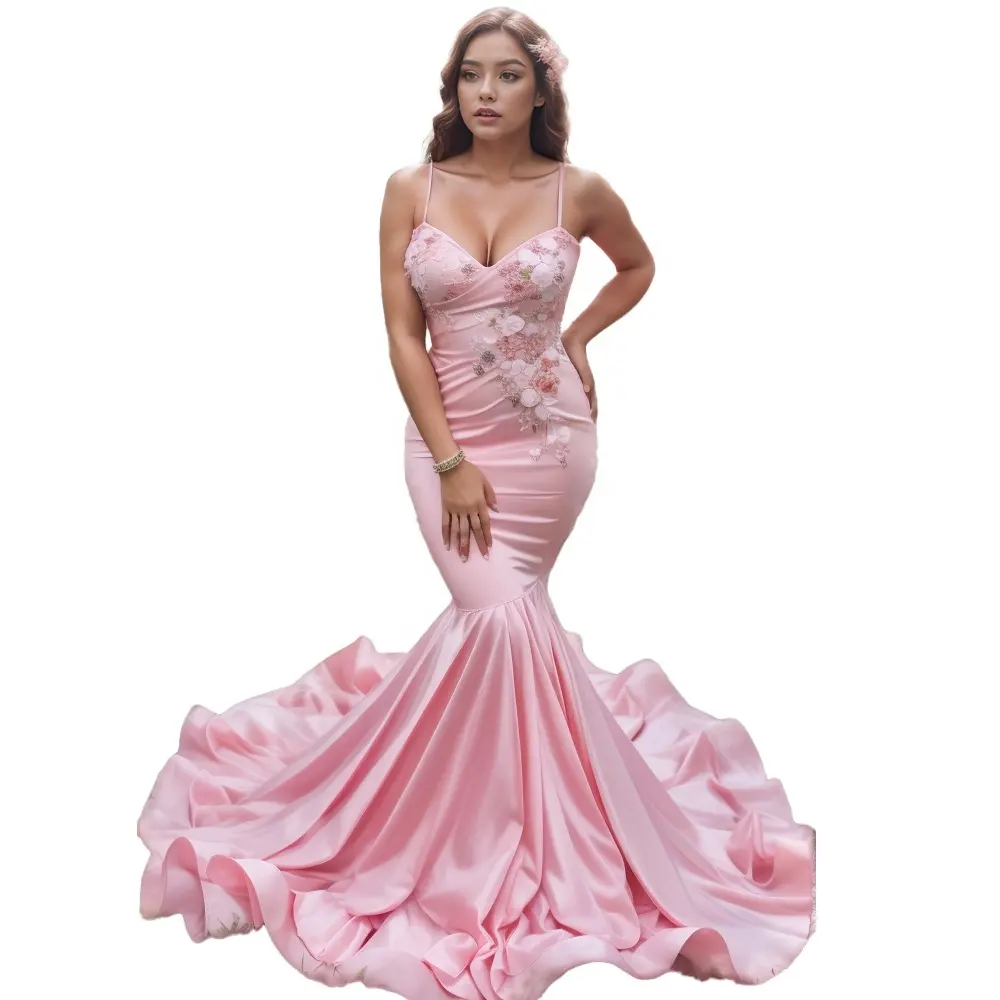 Stunning Spaghetti Straps Appliques Sleeveless Mermaid Lace Prom Dresses