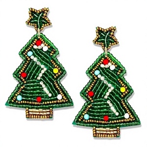 Handmade Beaded Christmas <b>Tree</b> Earrings Green Embroidered Dangle Jewelry Holiday Craft Decorative Women's Accessories - Product Image 1