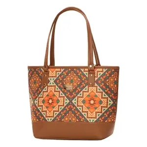 Sac fourre-tout en toile pour femme Fana Ethan, motif géométrique, fermeture éclair, sac de shopping, poignées marron clair - Product Image 4