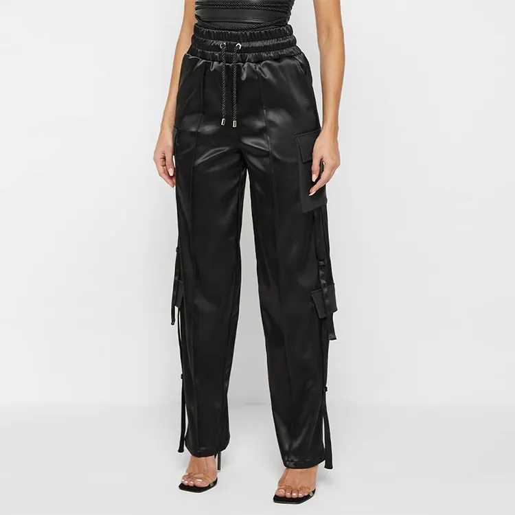 OEM fashion y2k streetwear high waist loose cargo pants satin leather black cargo trousers custom ruched woman's pants