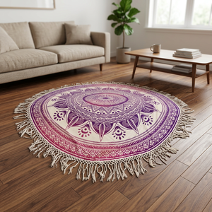 Tapiz Mandala Bohemio Redondo, Decoración de Pared con Flecos Degradados en Morado - Product Image 1