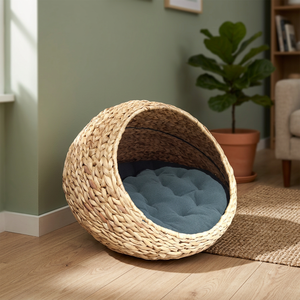 Cama para Gatos de Bambú Tejida a Mano, Redonda, de Color Sólido, con Cojín Extraíble y Lavable, para Interiores, para Todas las Estaciones, Estilo Minimalista - Product Image 2