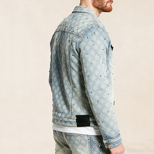 Maßgefertigte Acid-Wash-Jacke mit Strasssteinen, OEM Frühlings-Stickerei-Logo, Tasche, Hochwertige Vintage-Streetwear Herren-Jeansjacke - Product Image 3