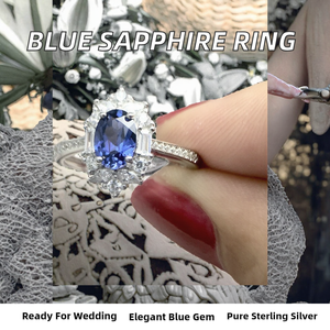 Anillo de Zafiro Azul Cultivado en Laboratorio, Plata de Ley 925, Chapado en Oro Blanco de 18K, Joyería para Mujer, Anillo de Compromiso, Aniversario, Boda - Product Image 2