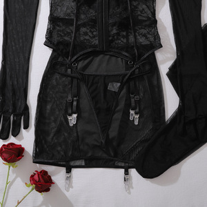2026 Ensemble de lingerie style français, sexy, brodé de <span class=keywords><strong>dentelle</strong></span>, ajouré, taille basse, avec jupe courte, <span class=keywords><strong>porte</strong></span>-jarretelles sculptant et gants - Product Image 6