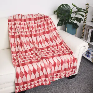 Custom design soft geometric plaid acrylic cotton knitted throw blanket for travel airplane home