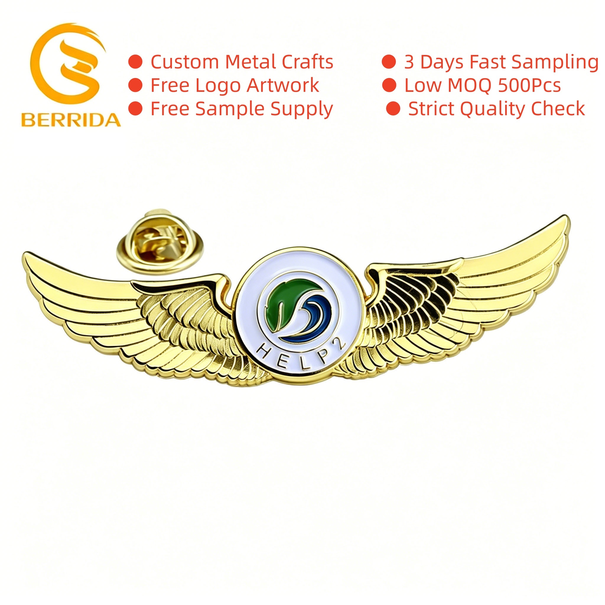 Badge rond en émail tendre coloré personnalisé avec ailes dorées