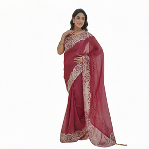 Blusa de Georgette Bordada con Lentejuelas, Saree Moderno de Bollywood Elástico hasta el Suelo, Saree de Red con Bordado - Product Image 1