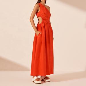 Toptan özel High End yaz giyim zarif basit tek omuz Maxi elbise bayanlar kadınlar rahat elbise 100% keten kumaş - Product Image 2