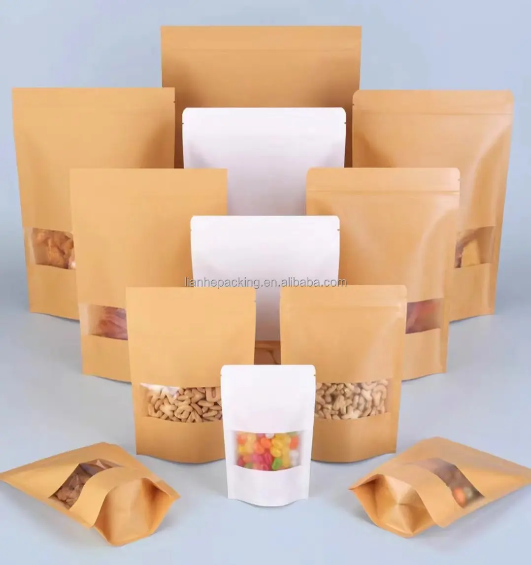 Bolsas de papel kraft planas de sellado térmico de embalaje personalizado impresión Stand Up papel Kraft embalaje Ziplock bolsa de alimentos