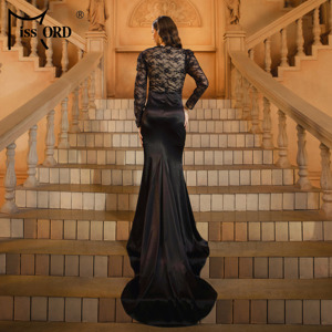 Abito da Sera Elegante e Sobrio da Donna a Sirena in Raso <span class=keywords><strong>Nero</strong></span> con <span class=keywords><strong>Pizzo</strong></span>, <span class=keywords><strong>Maniche</strong></span> <span class=keywords><strong>Lunghe</strong></span> e Strascico Lungo - Product Image 2