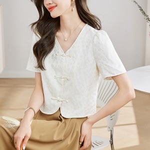 <span class=keywords><strong>2025</strong></span> Mùa Hè Mới Áo Sơ Mi Trung Quốc Phong Cách Nút Xuống Voan Áo Sơ Mi Phụ Nữ Retro V Cổ Tops 8748 # - Product Image 3