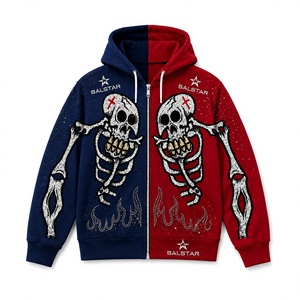 Custom Blue Red <b>Skeleton</b> <b>Hoodie</b> Men's Gothic Rhinestone Embroidered <b>Zip</b> <b>Up</b> Hooded Sweatshirt Streetwear Fashion - Product Image 1