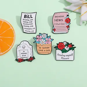 Newspaper and personalized lettering brooches custom breaking news flower basket plant metal soft enamel pin lapel badge