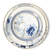 Assiettes peu profondes modernes de style nordique à bord doré, en céramique, pour services de table, compatibles micro-ondes et lave-vaisselle, haute qualité, personnalisables pour hôtels