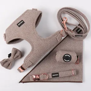 Dog Accessories Luxury Adjustable Metal Buckle D-ring Heavy Duty Brown Cotton Chest Harness With Matching Leash