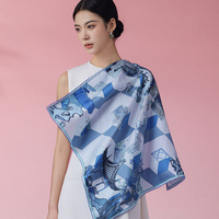 Foulard carré en soie 70 cm pour femme, 100% soie de mûrier, motif jardin chinois, élégant châle enveloppant