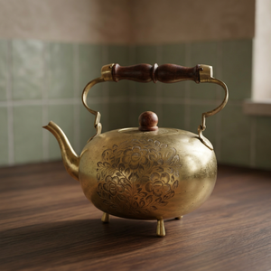 Bouilloire à thé vintage en laiton avec poignée en bois et motif floral gravé - Product Image 4