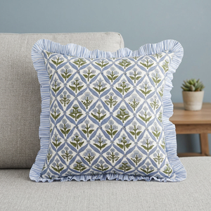 Hot Sale Ridhi Coastal <b>Blue</b> Frill Ruffles Floral 100% Cotton Block Print Vintage Modern Luxury Customizable <b>Throw</b> Pillow Decor - Product Image 2