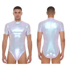 Combinaison de danse pour homme, col haut, manches courtes, effet métallisé, costume de spectacle sur scène, aspect mouillé, sur mesure - Product Image 5