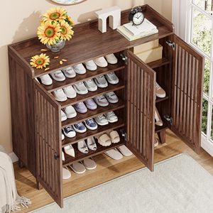 Mueble Zapatero Moderno <span class=keywords><strong>de</strong></span> Madera para Sala <span class=keywords><strong>de</strong></span> <span class=keywords><strong>Estar</strong></span>, Pasillo y Hotel, Zapatero Multicapa con Puerta <span class=keywords><strong>de</strong></span> Listones, Color Nogal - Product Image 3