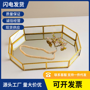 Gold Octagonal Glass Jewelry <b>Tray</b> <b>Mirror</b> Surface Desktop Organizer Storage For Accessories Home Decor - Product Image 5
