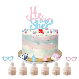 TX Baby party Er oder sie Junge oder Mädchen Rosa Blau Cartoon Geburtstag Acryl Gold Cake Topper für Geschlecht offenbaren Baby party Party Set