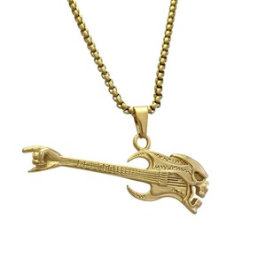 Collar de moda estilo punk de acero inoxidable dorado con colgante de guitarra y calavera Yunnique, cadena para suéter - Product Image 1
