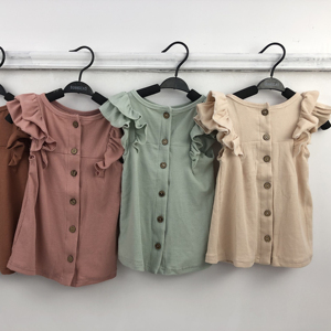 Vestido vintage acanalado para bebé niña con botones traseros y volantes sin mangas, tipo camiseta para niña pequeña - Product Image 1