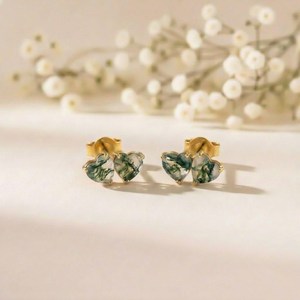 Green Moss Agate Heart <b>Stud</b> Earrings Natural Gemstone In 925 <b>Sterling</b> <b>Silver</b> Or 18K Gold Filled Dainty Minimalist Elegant Jewel - Product Image 2