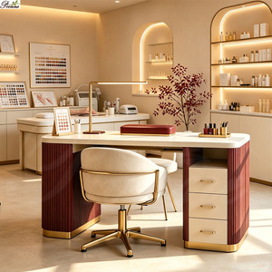 Equipo de Salón de Uñas 2026, Mesa de Manicura Doble Moderna de Madera Acanalada Vintage con Detalles Dorados - Product Image 1