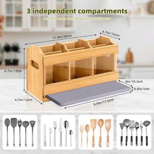 Bamboo Tableware Organizer <b>Box</b> With <b>Removable</b> Tray For Kitchen Utensil Storage - Product Image 4
