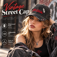Casquette de baseball en sergé déchirée et vieillie, personnalisée en usine, avec broderie 3D 'Be Mine', œillet métallique, anneau en O et ornement en strass, réglable