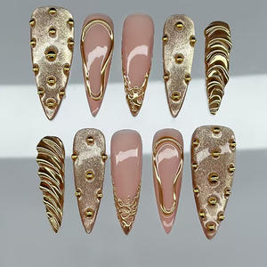 Uñas <span class=keywords><strong>Postizas</strong></span> al por Mayor, Hechas a Mano, 10 Piezas, Cobertura Completa, Forma de Almendra, Diseño Personalizado con Flores Talladas - Product Image 4