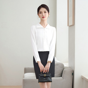 White Long Sleeve Shirt For Women Spring Autumn Work Formal Top Slim Fit Solid Color Polyester Blouse - Product Image 3